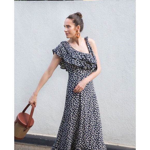 Ganni Roseburg Crepe Dress Maxi Tie Strap Total Eclipse Navy Leaf Print US 4 - Picture 5 of 16